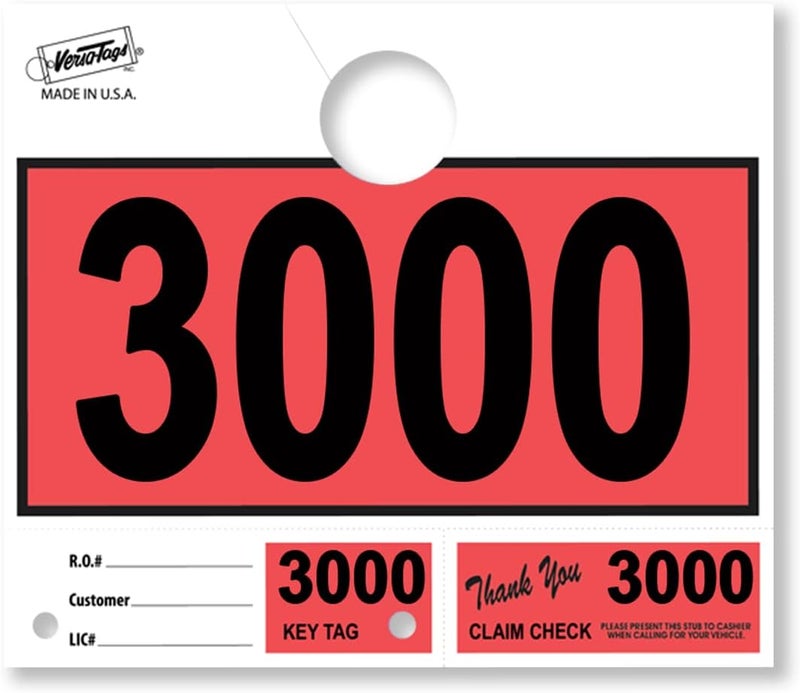 Versa-Tags 1000 Red Car Dealer Service Hang Tags Service Dispatch Numbers, Service Department Numbered Key Tags for Mechanic Repair Shop 3 Part Key Ring - Red (3000-3999) - Image 1